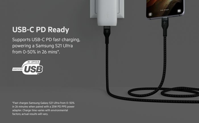 Кабель Belkin USB-C > USB-C заряджання/синхронізації 60Вт PD, 1м, плетений, силіконовий, з ремінцем на магніті, чорний