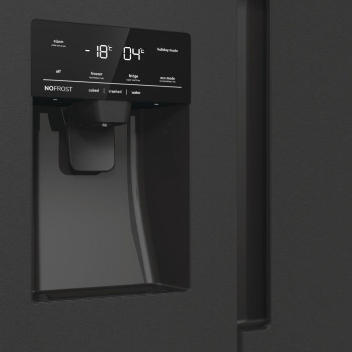 Холодильник SBS Gorenje, 179х70х92см, 2 двері, 376(190)л, А++, NF+, Інв., Зона св-ті, диспенсер, генератор льоду, Зовн. Диспл, чорний