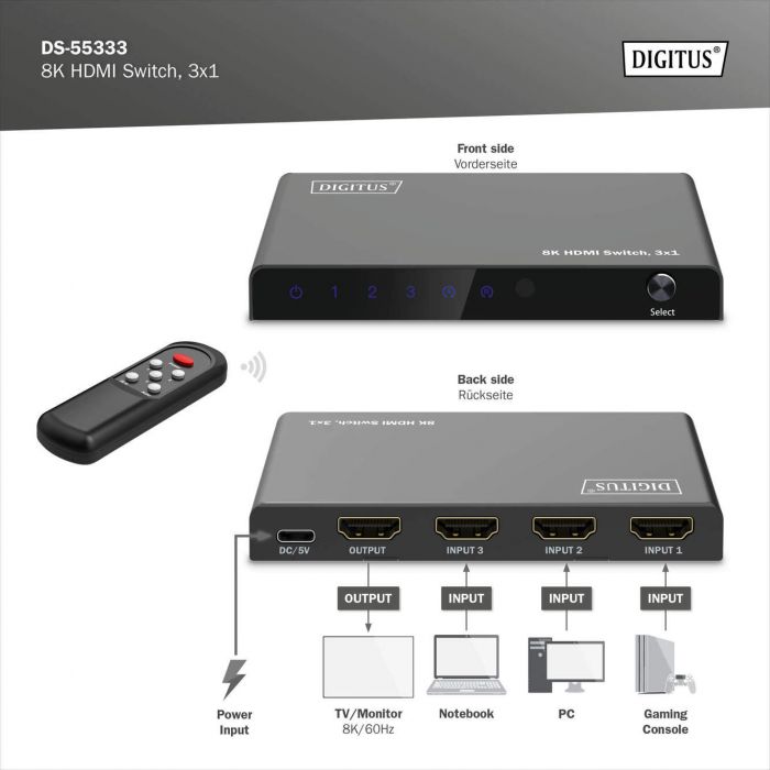 Відеокомутатор DIGITUS UHD HDMI (INx3 - OUTx1), 8K