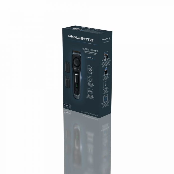 Тример Rowenta Virtuo, для бороди і вусів, мережа+акум., насадок-2, чохол, титан.напил., кейс для зберігання, чорно-синій