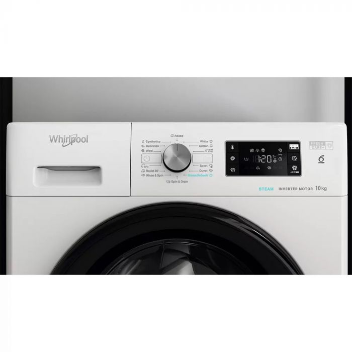 Пральна машина Whirlpool фронтальна, 10кг, 1400, A, 60см, дисплей, пара, інвертор, люк чорний, білий