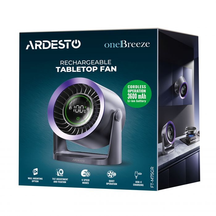 Вентилятор ARDESTO OneBreeze FT-M75GR настільний/настінний, 12см, ел. кер-ня, дисплей, акумулятор, USB-A Type-C, сірий