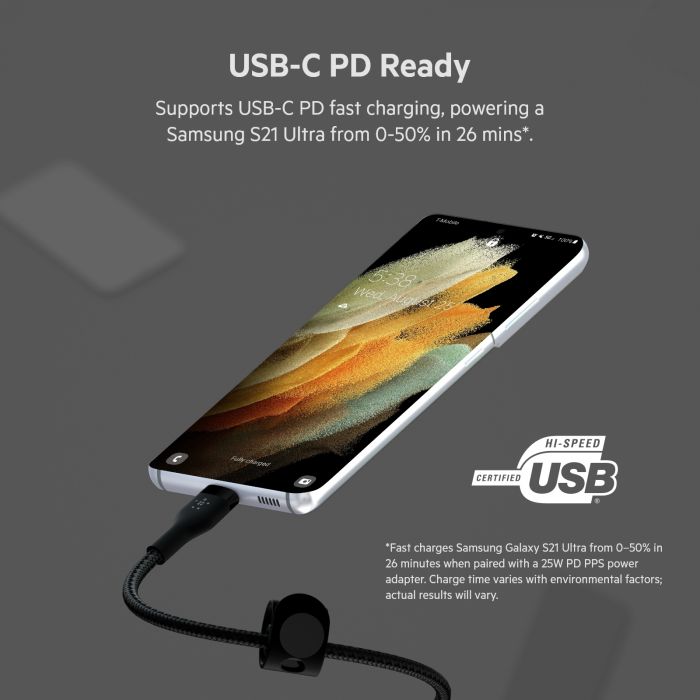 Кабель Belkin USB-C > USB-C заряджання/синхронізації 60Вт PD, 1м, плетений, силіконовий, з ремінцем на магніті, чорний