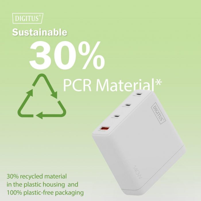 Зарядний пристрій DIGITUS GaN 3хUSB-C, 1хUSB-A, 140W