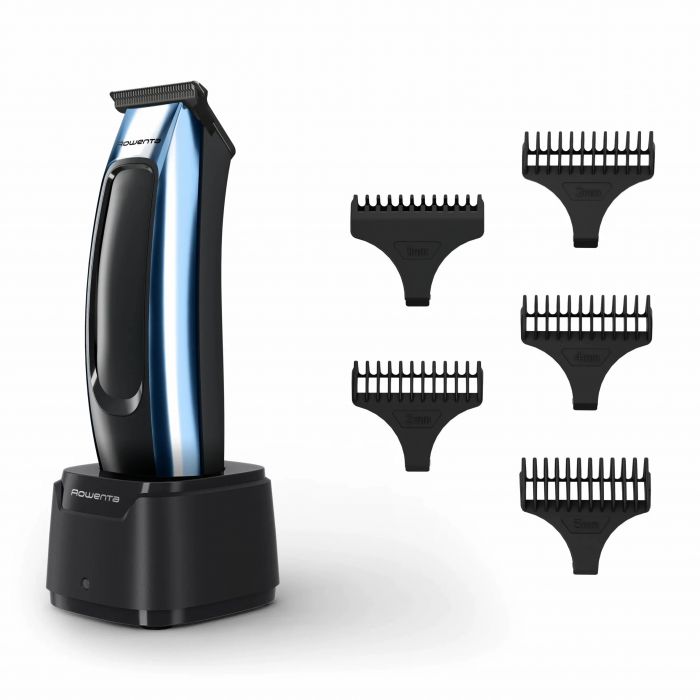 Тример Rowenta Barber Experience, для голови, бороди, мережа+акум., роторний мотор, насадок-5, нержавіюча сталь з покриттям DLC, чорно-синій