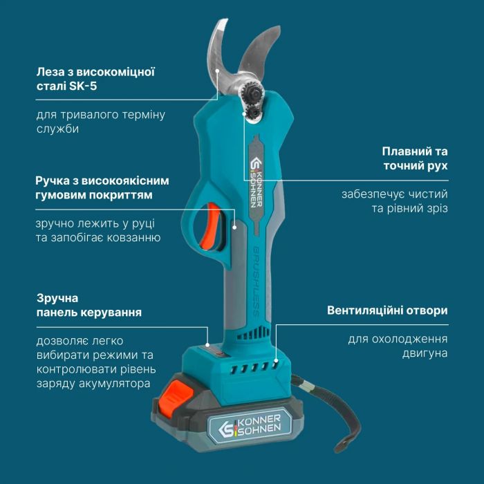 Секатор акумуляторний Konner&Sohnen KS CPS20V-32 Case PLUS 20В акб 2х2А·год d 15-32мм ЗП кейс 0.89кг