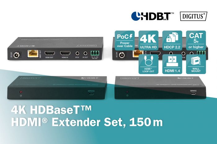 Набір подовжувачів DIGITUS HDMI, HDBaseT, UHD 4K2K@60Гц, (CАТ6А,7,8), 150м