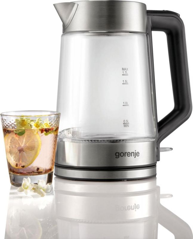 Електрочайник Gorenje 1.7л, 2,200 Вт, strix контроль, скло, нерж