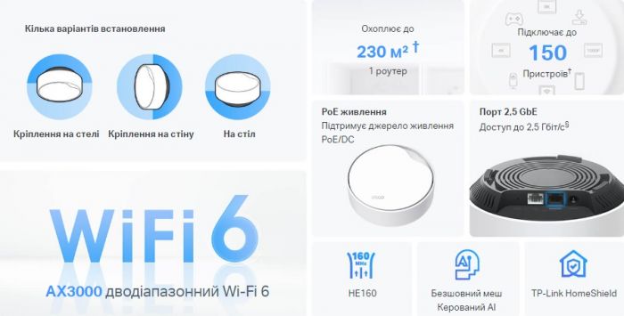 Система WiFi-Mesh TP-LINK Deco X50 AX3000, 1xGE LAN/WAN, 1x2,5GE LAN/WAN, 3мод, PoE