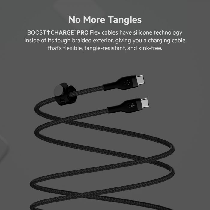 Кабель Belkin USB-C > USB-C заряджання/синхронізації 60Вт PD, 1м, плетений, силіконовий, з ремінцем на магніті, чорний