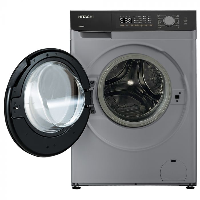 Пральна машина Hitachi фронтальна, 8кг, 1400, B, 60см, дисплей, пара, інвертор, люк чорний, cріблястий