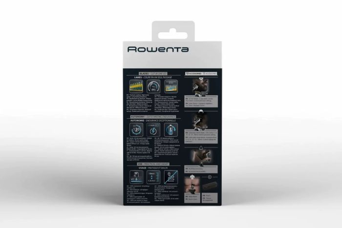 Тример Rowenta Trim & Style, для бороди, вусів, голови и тіла, мережа+акум., роторний мотор, насадок-11, чохол, титан.напил., чорно-сріблястий