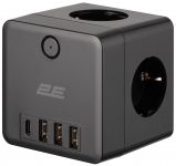 Адаптер мережевий 2E 3xТипF, 16A, 2xUSB-A, 1x USB-C фільтр, чорний