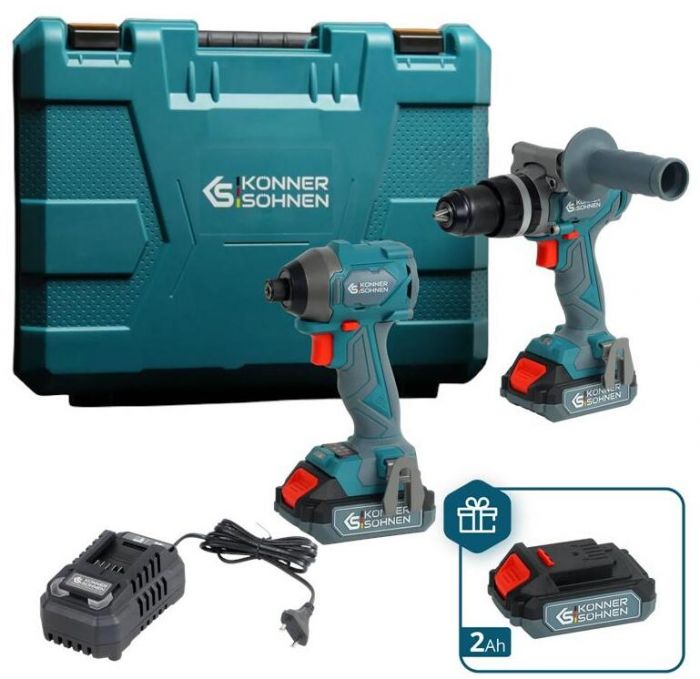 Набір із двох акумуляторних інструментів Konner&Sohnen KS IDISD 20V SET 2 PLUS 20В шурупокрут-дриль ударний, гвинтоверт ударний KS ISD20V-260-4, ЗП 2А акб 2х2А·год кейс 6кг