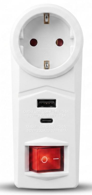Адаптер мережевий 2E 1xТипF, 16A, 1xUSB-A, 1xUSB-C, білий