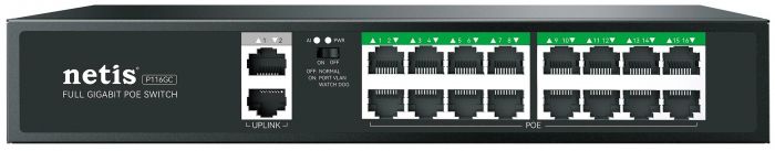 Комутатор Netis P116GC 18xGE (16xPoE, 2xUplink), 240Вт, Некерований