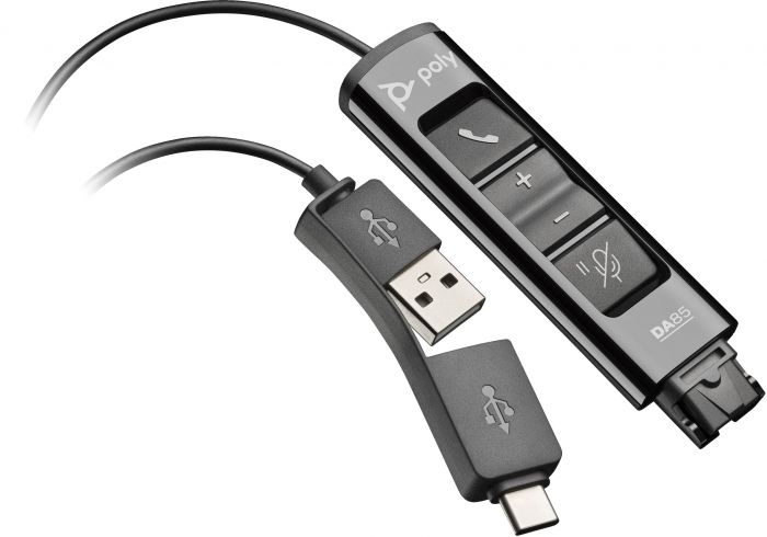 Перехідник Poly DA85 USB > QD з вбудованим пультом керування для гарнітур EncorePro, USB-A, USB-C, чорний