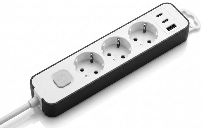 Подовжувач мережевий 2E TwoColors 3м, 3xТипF, 16A, 2xUSB-C, 1x USB-A, біло-чорний