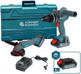 Набір із двох акумуляторних інструментів Konner&Sohnen KS IDAGB 20V SET 1 PLUS 20В шурупокрут-дриль ударний, шліфмашина кутова KS AGB20V-125VR, ЗП 2.4А акб 1х2А·год+1х4А·год кейс 8.1кг
