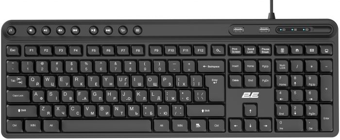 Клавіатура мембранна 2E KS1100 104key, 2xUSB HUB, USB-A, EN/UK, чорний