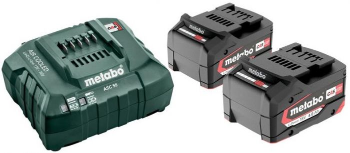 Набір акумулятора та зарядного пристрою Metabo 18В 2х4А·год, ЗП ASC55