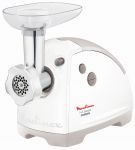 М'ясорубка Moulinex, 2000Вт, 2.6кг/хв, 2 решітки, насадка для ковбас, кеббе, томатів, 5 терок, пластик, біло-сірий