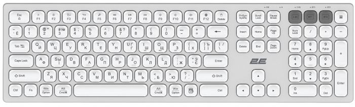 Клавіатура ножнична 2E KS270 105key, WL/BT, EN/UK/RU, сріблясто-білий