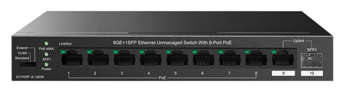 Комутатор TENDA TEG1110PF-8-120W 8xGE PoE, 1xGE, 1xSFP, Некерований