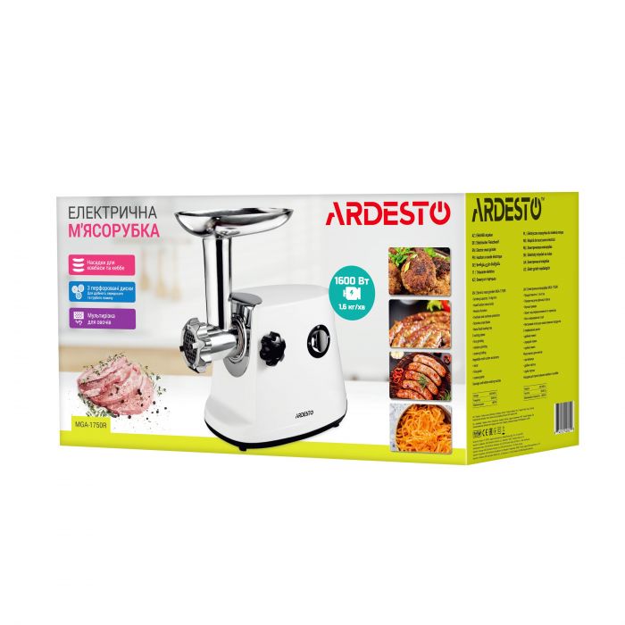 М'ясорубка Ardesto, 1700Вт, продук.-1.6кг/хв, 3 решітки + для ковб., кеббе, 3 терки, пластик, біло-сріблястий