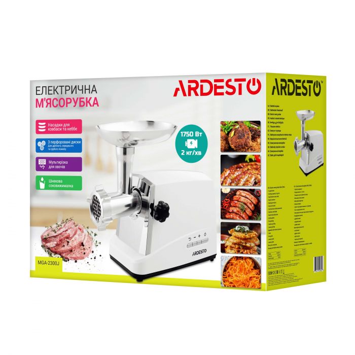 М'ясорубка Ardesto, 2300Вт, продук.-2.1кг/хв, 3 решітки + для ковб., кеббе, 4 терки,насадка для томатів, пластик, біло-сріблястий